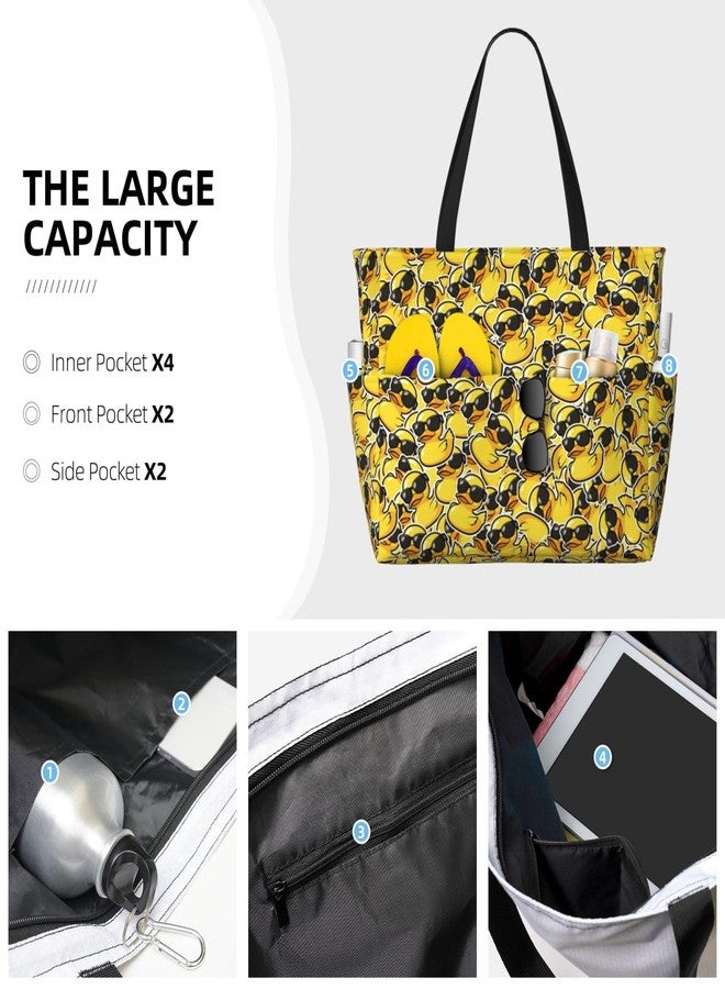 REVENEVER Beach Tote Bag for Women Foldable Waterproof and Sandproof Tote Bag with Zipper Cartoon Duck Print Beach Bag Large Travel Bag - Image 2